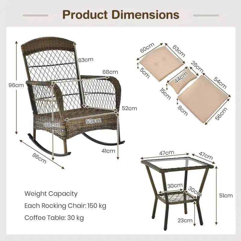 Ensemble de 3 chaises à bascule et table basse en osier d'extérieur - Chaise à bascule confortable, meubles d'extérieur durables pour l'arrière-cour, la pelouse et les ensembles de canapés de patio