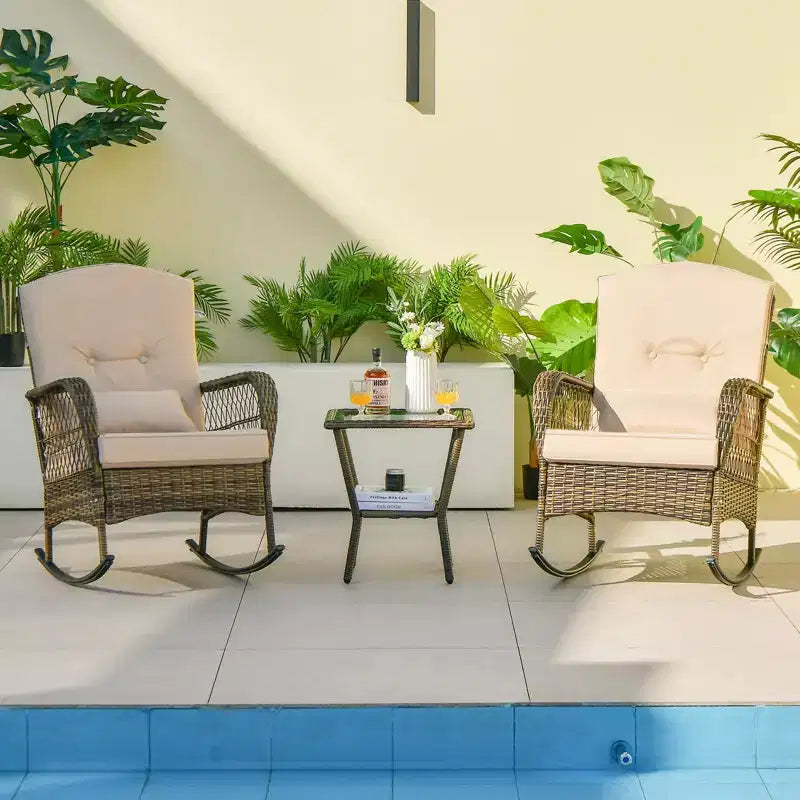Outdoor Wicker Rocking Chair & Coffee Table Set of 3 - Comfortable Rocking Chair, Durable Outdoor Furniture for Backyard, Lawn, and Patio Sofa Sets