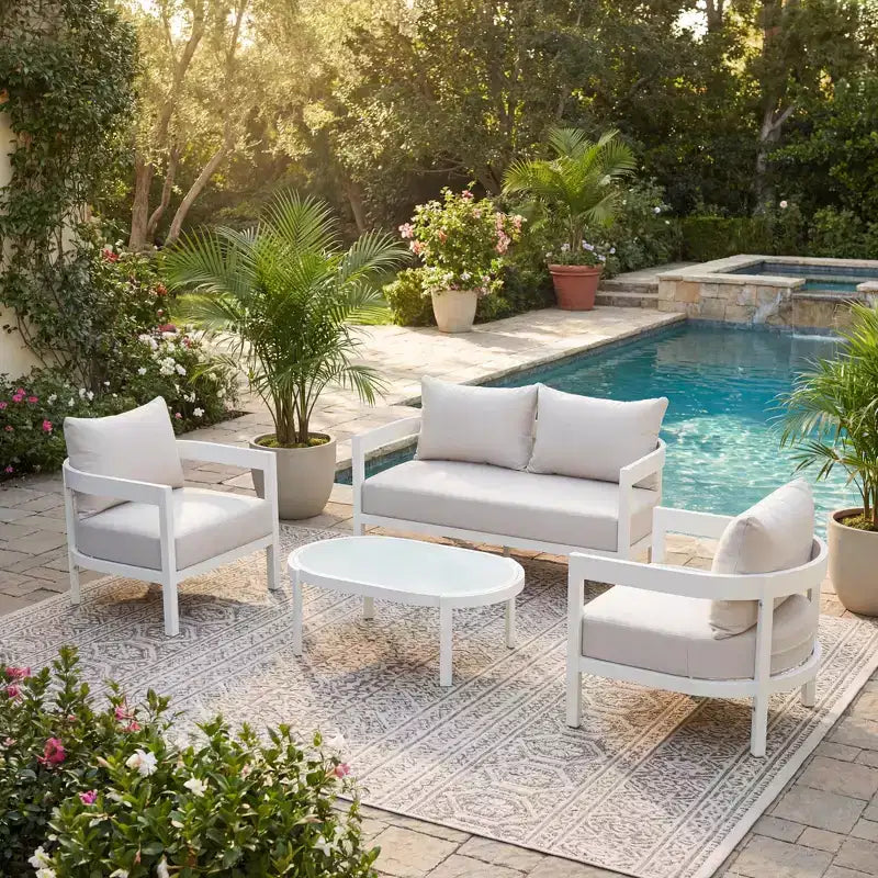 Christopher Knight Home Adriel – Salon de jardin moderne 4 pièces en aluminium avec table basse en verre