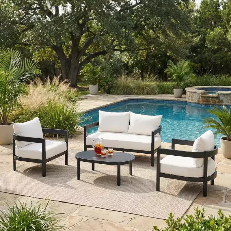 Christopher Knight Home Adriel – Salon de jardin moderne 4 pièces en aluminium avec table basse en verre