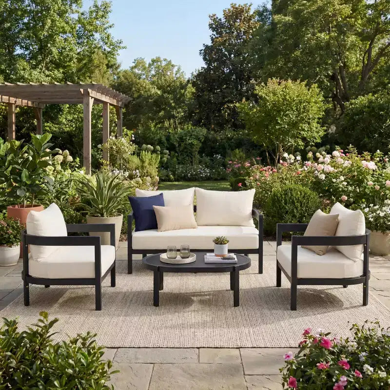 Christopher Knight Home Adriel 4 Piece Modern Outdoor Aluminum Conversation Set with Glass Coffee Table