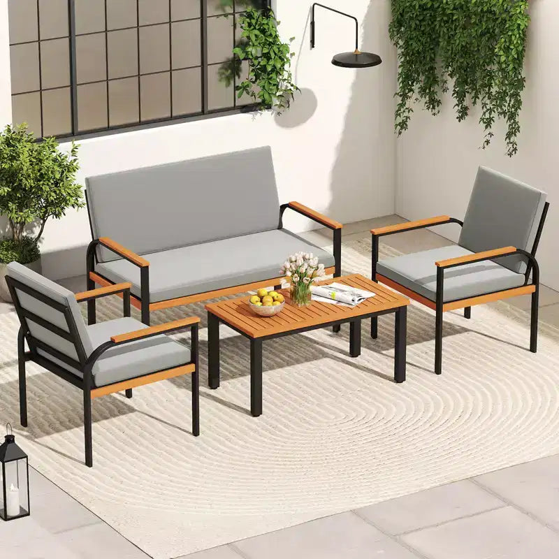 Costway 4 Piece Patio Furniture Set with Coffee Table, Loveseat & 2 Single Chairs for Porch Gray/Black