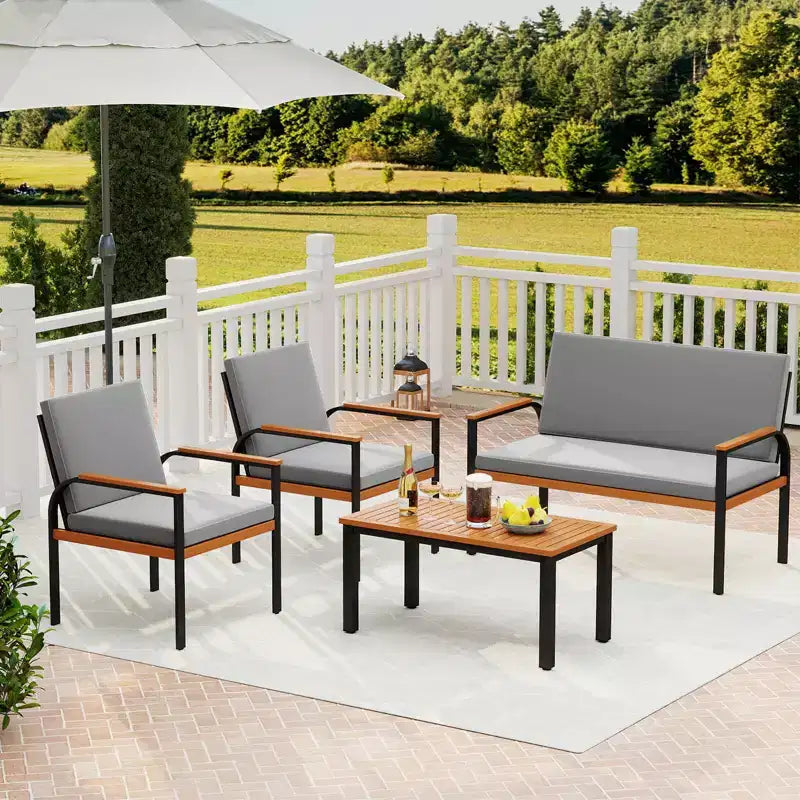 Ensemble de mobilier de patio Costway 4 pièces avec table basse, causeuse et 2 chaises individuelles pour porche gris/noir