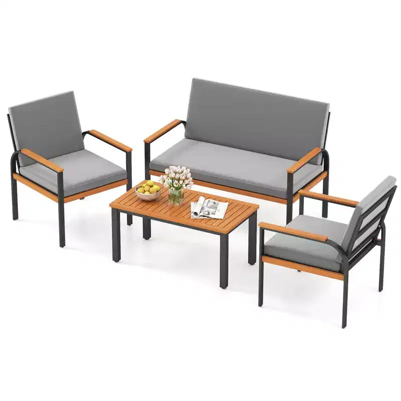 Ensemble de mobilier de patio Costway 4 pièces avec table basse, causeuse et 2 chaises individuelles pour porche gris/noir