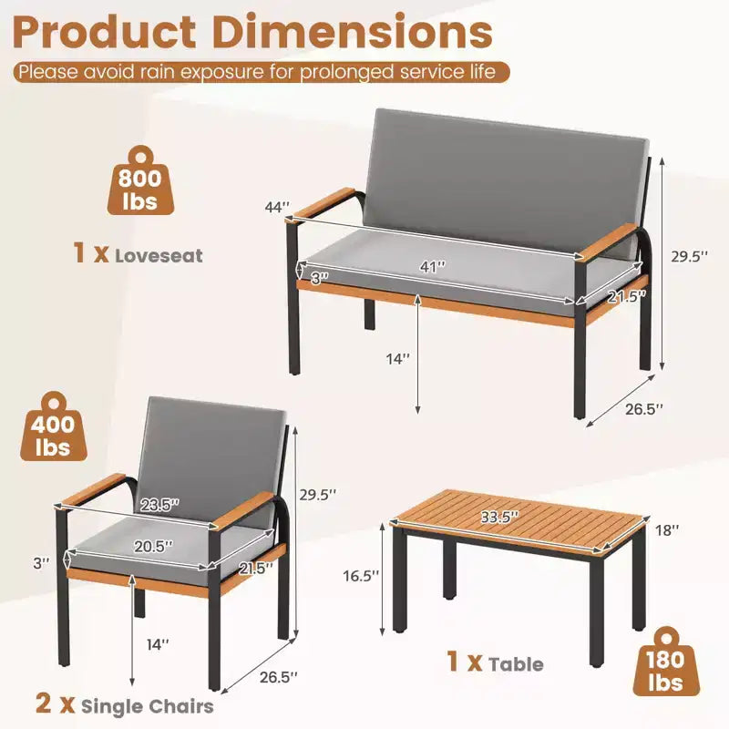 Ensemble de mobilier de patio Costway 4 pièces avec table basse, causeuse et 2 chaises individuelles pour porche gris/noir