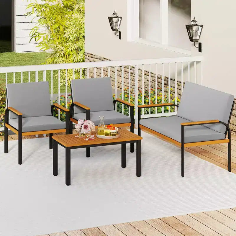 Ensemble de mobilier de patio Costway 4 pièces avec table basse, causeuse et 2 chaises individuelles pour porche gris/noir