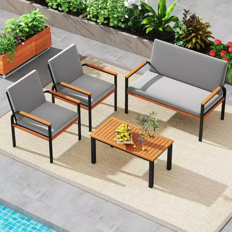 Ensemble de mobilier de patio Costway 4 pièces avec table basse, causeuse et 2 chaises individuelles pour porche gris/noir