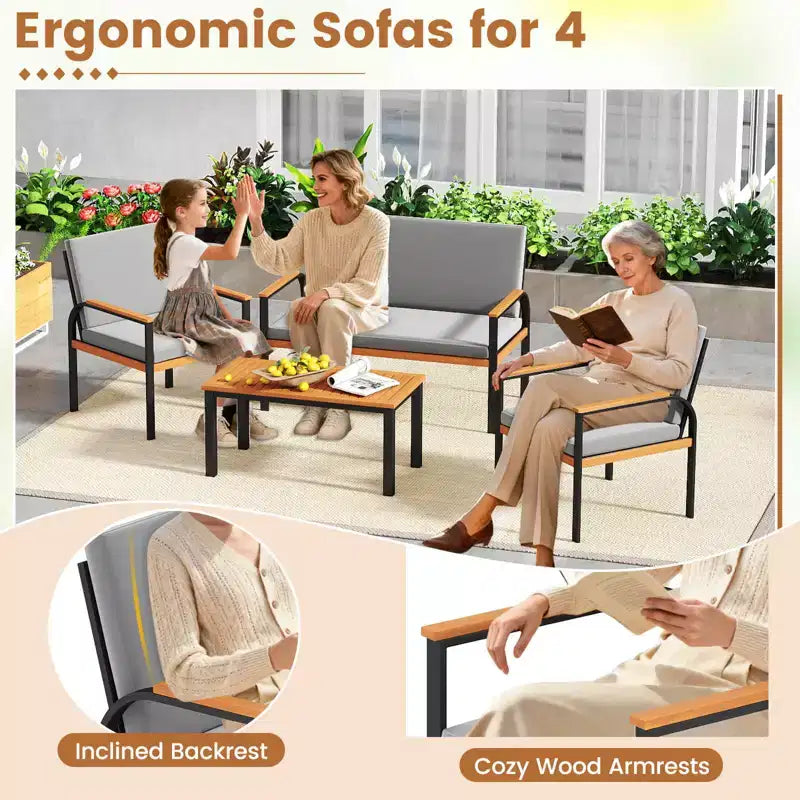 Ensemble de mobilier de patio Costway 4 pièces avec table basse, causeuse et 2 chaises individuelles pour porche gris/noir