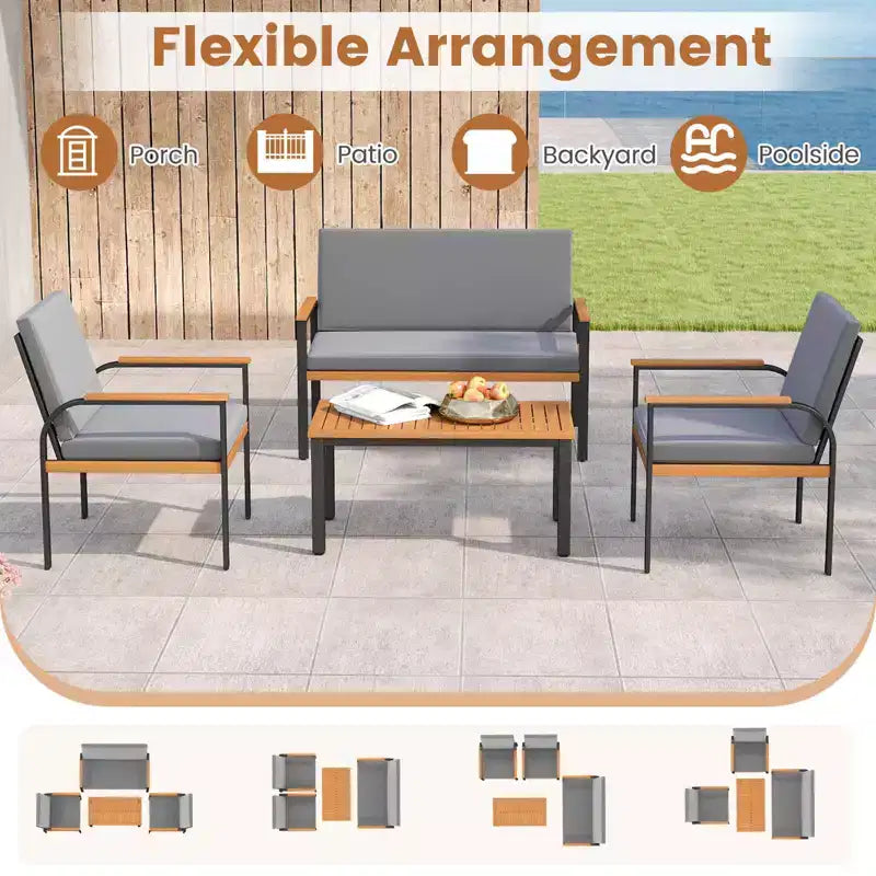 Ensemble de mobilier de patio Costway 4 pièces avec table basse, causeuse et 2 chaises individuelles pour porche gris/noir