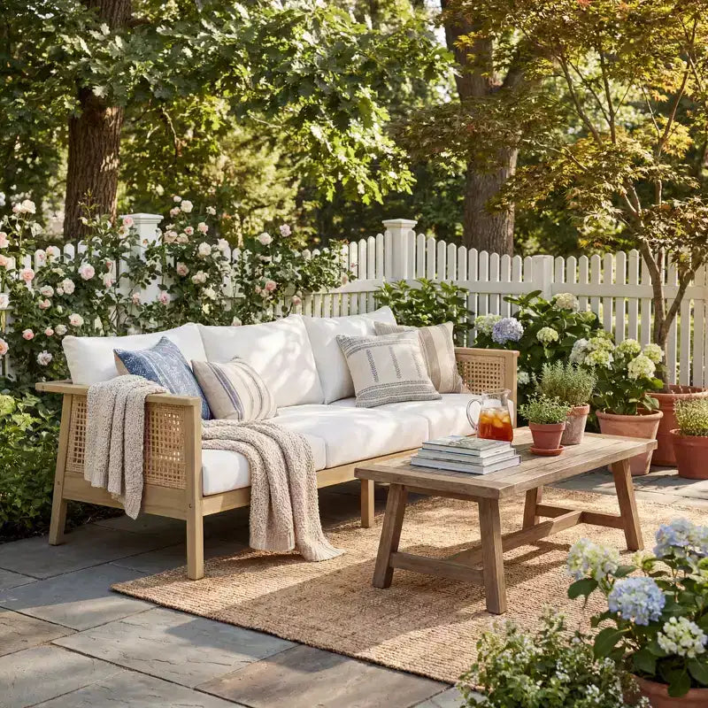 ModernLuxe 4/5-Piece Outdoor Patio Conversation Furniture Set, Acacia Wood & Wicker Sectional Sofa Group with Waterproof Cushions, Light Teak/Cream