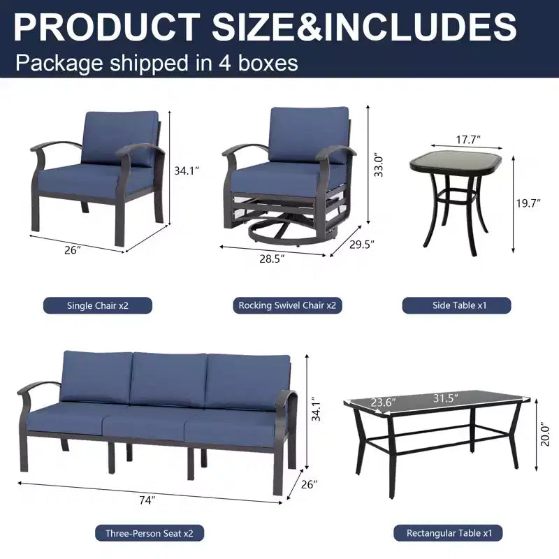 ALAULM Ensemble de mobilier de jardin en aluminium 7 places, avec fauteuil pivotant à bascule et table basse en métal