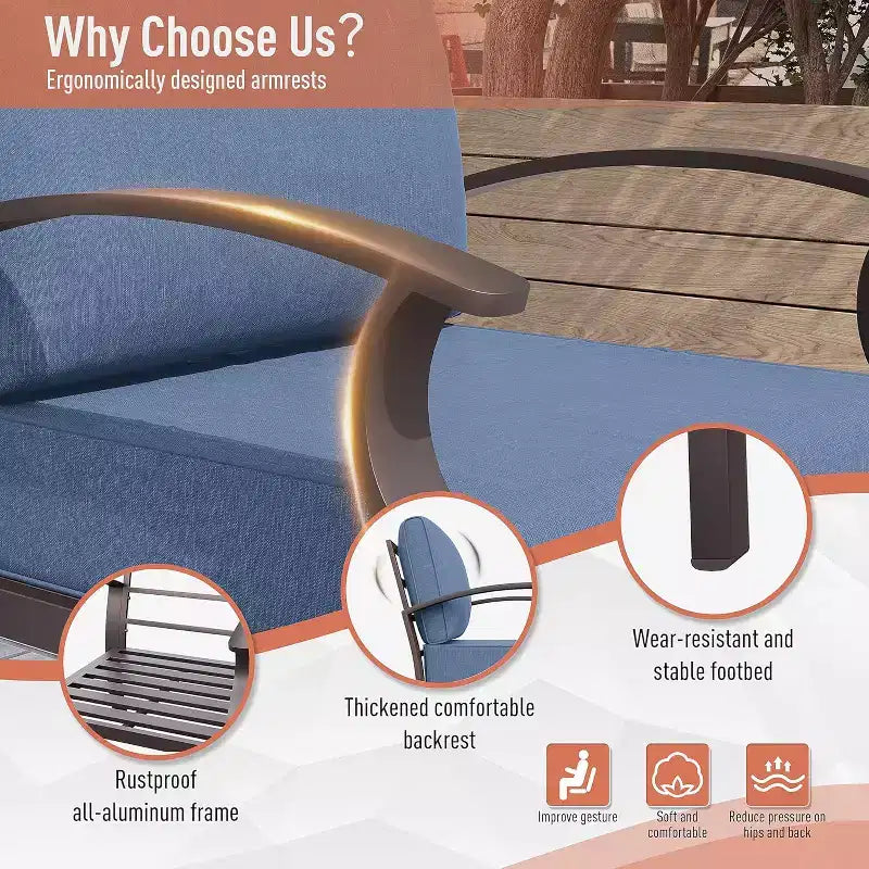 ALAULM Ensemble de mobilier de jardin en aluminium 7 places, avec fauteuil pivotant à bascule et table basse en métal