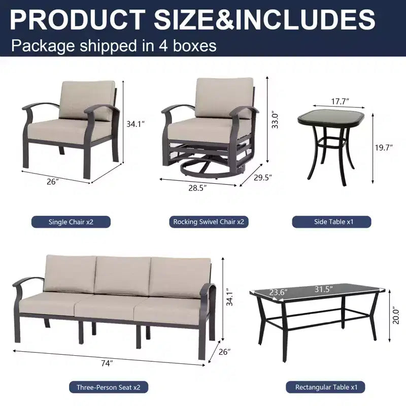 ALAULM Ensemble de mobilier de jardin en aluminium 7 places, avec fauteuil pivotant à bascule et table basse en métal