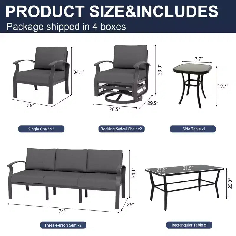 ALAULM Ensemble de mobilier de jardin en aluminium 7 places, avec fauteuil pivotant à bascule et table basse en métal