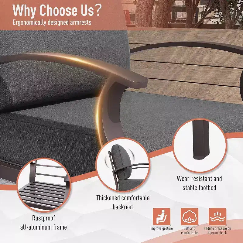 ALAULM Ensemble de mobilier de jardin en aluminium 7 places, avec fauteuil pivotant à bascule et table basse en métal