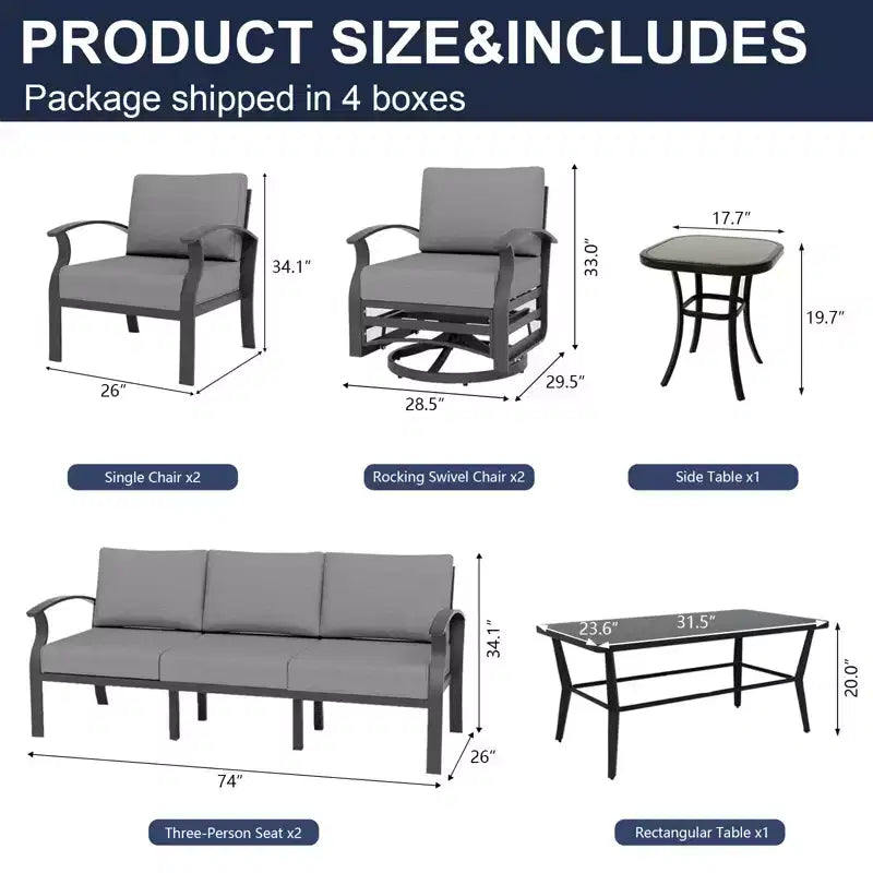 ALAULM Ensemble de mobilier de jardin en aluminium 7 places, avec fauteuil pivotant à bascule et table basse en métal