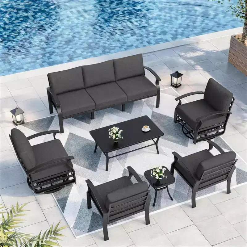 ALAULM 7-Seat Aluminum Patio Furniture Sofa Set, Outdoor Furniture Set w/Swivel Rocking Chair, Metal Coffee Table