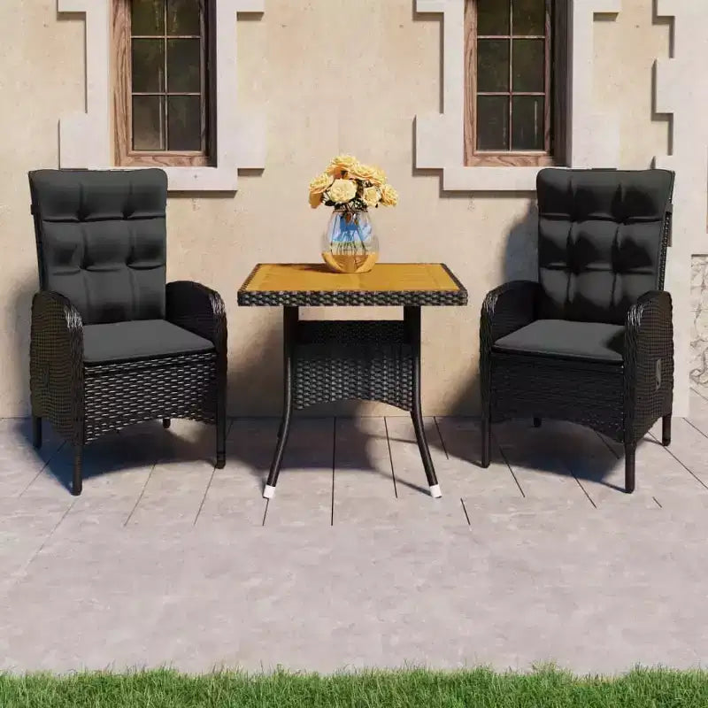 vidaXL Salon de jardin noir en polyrotin, acier, bois d'acacia et polyester