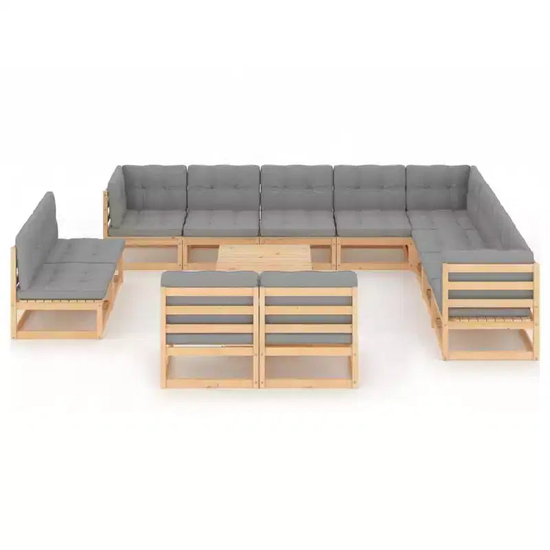 vidaXL Salon de jardin en bois naturel, coussins gris