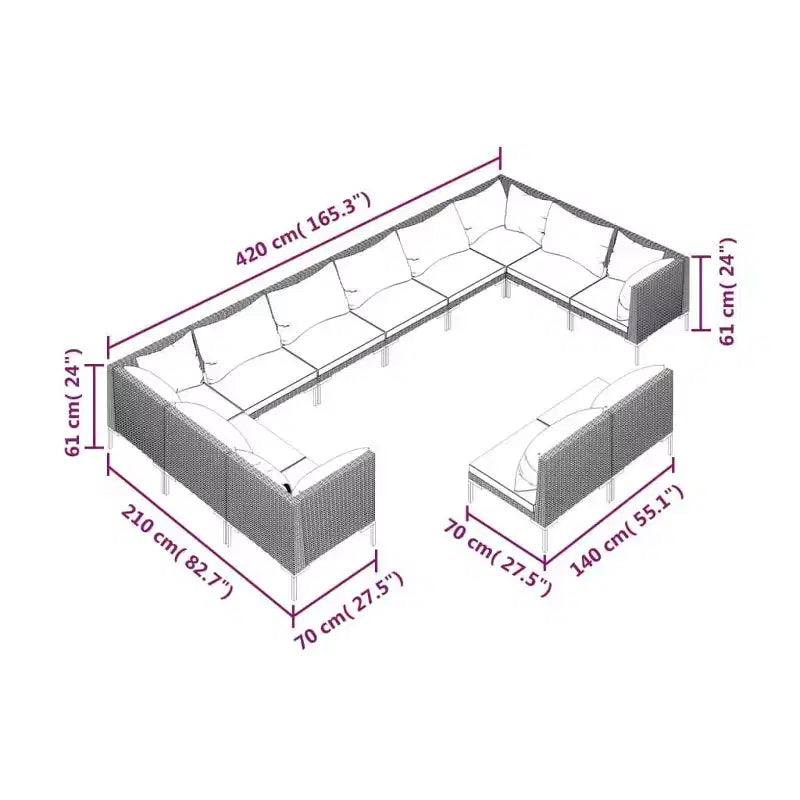 vidaXL Salon de jardin modulaire en résine tressée gris foncé grand format
