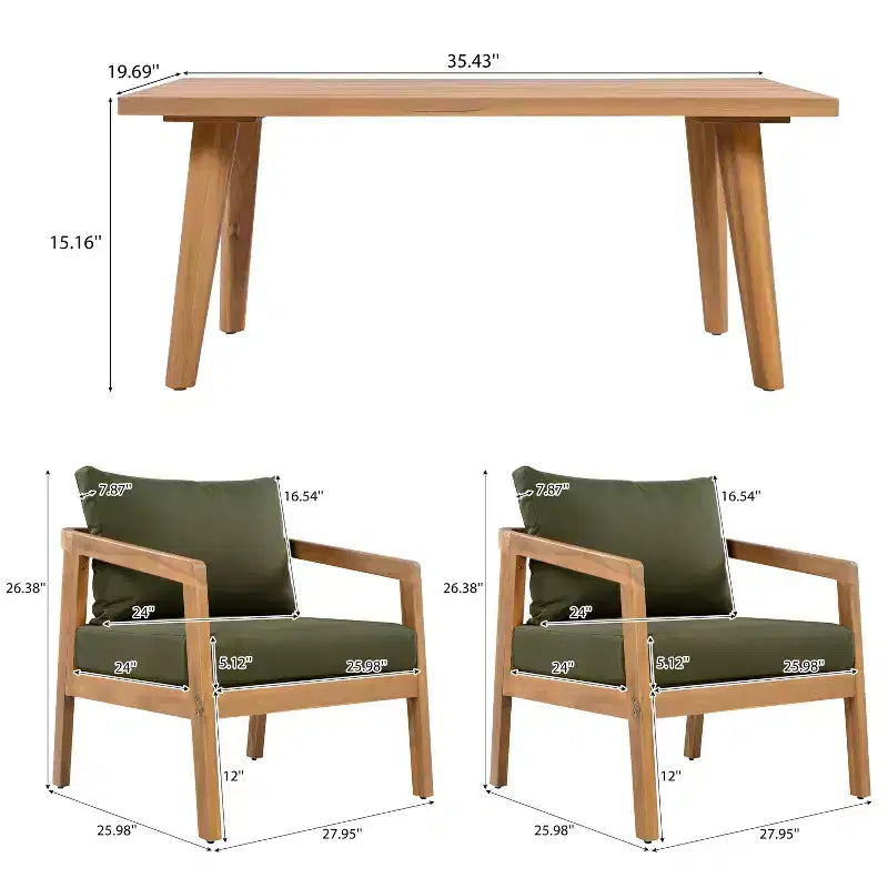 Christopher Knight Home Muhin Ensemble de 3 meubles de patio modernes en acacia avec coussins et table rectangulaire à lattes