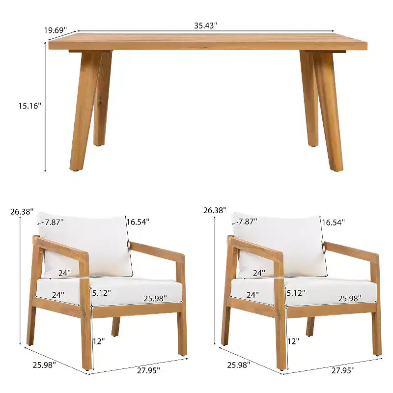 Christopher Knight Home Muhin Ensemble de 3 meubles de patio modernes en acacia avec coussins et table rectangulaire à lattes