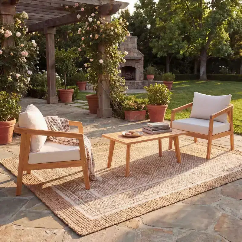 Christopher Knight Home Muhin Modern 3 Piece Acacia Patio Seating Set with Cushion and Rectangular Slatted Table