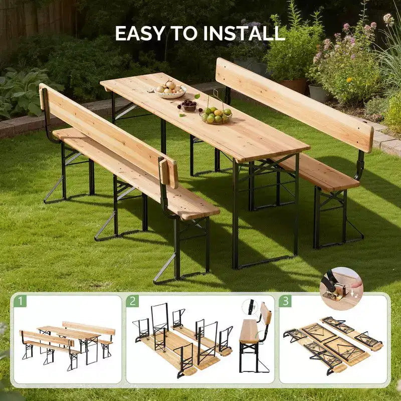 Table de pique-nique rectangulaire en bois Karl Home avec cadre en fer et bancs avec dossier