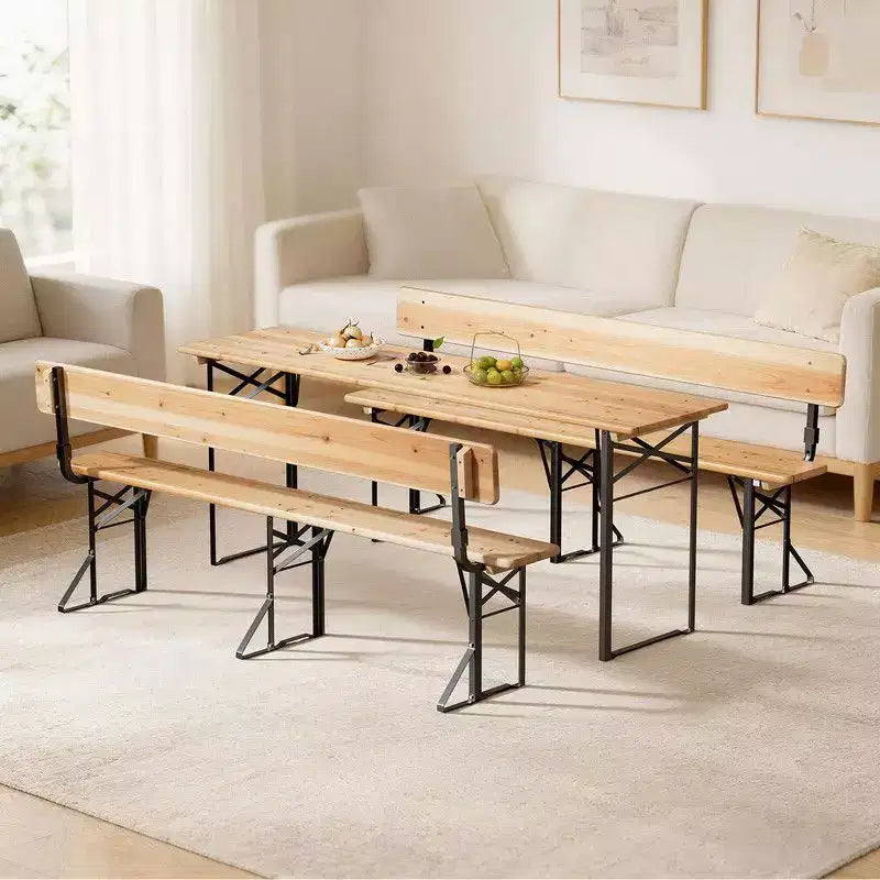 Table de pique-nique rectangulaire en bois Karl Home avec cadre en fer et bancs avec dossier