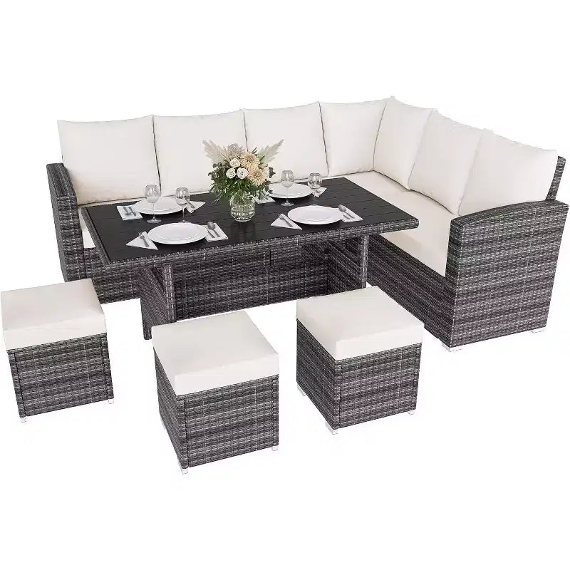 Ensemble de canapés modulaires de patio en rotin PE 9 places avec table de rangement Coussins déperlants Gris pour jardin, terrasse, piscine