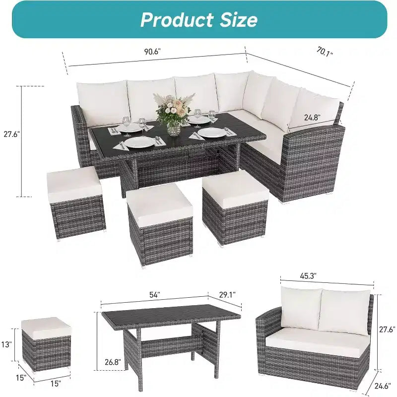 Ensemble de canapés modulaires de patio en rotin PE 9 places avec table de rangement Coussins déperlants Gris pour jardin, terrasse, piscine