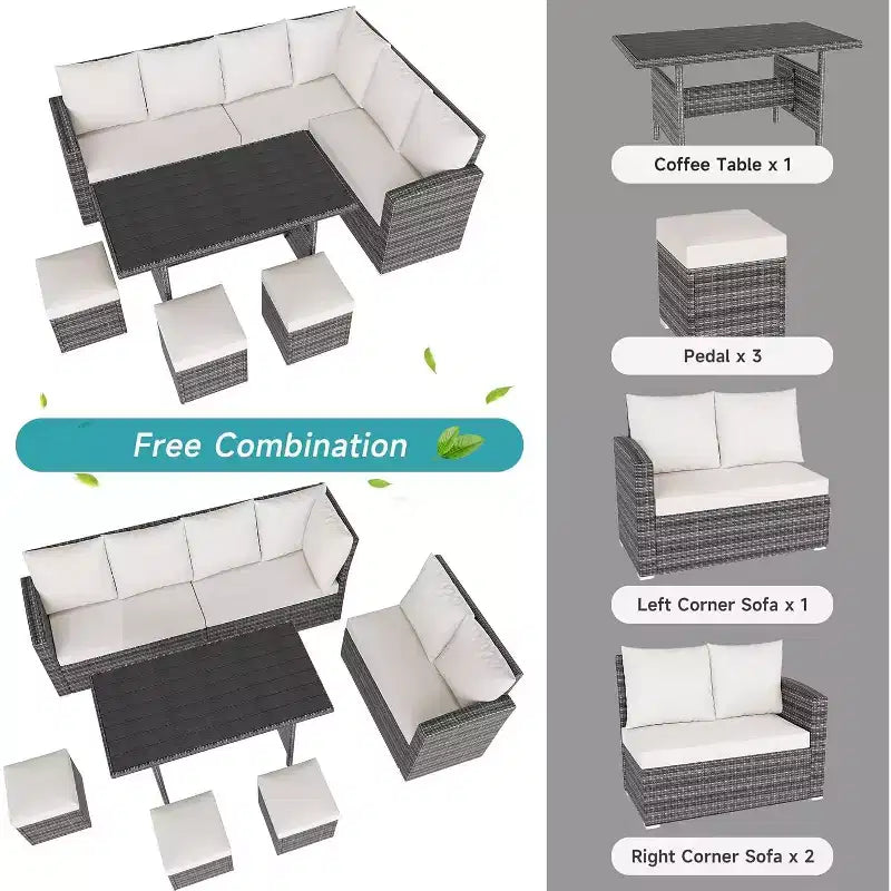 Ensemble de canapés modulaires de patio en rotin PE 9 places avec table de rangement Coussins déperlants Gris pour jardin, terrasse, piscine