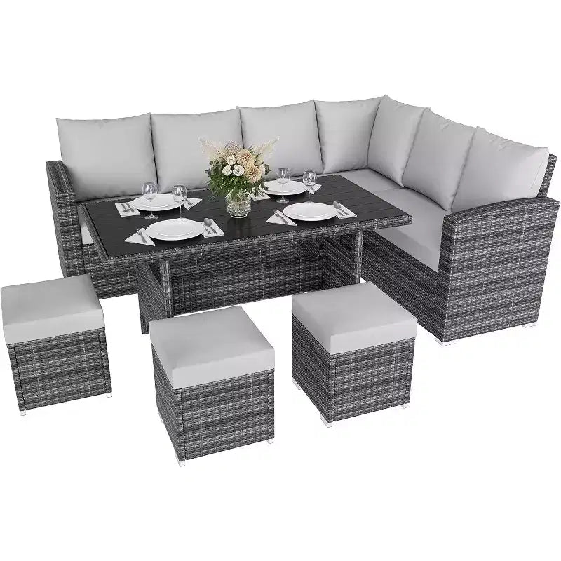 Ensemble de canapés modulaires de patio en rotin PE 9 places avec table de rangement Coussins déperlants Gris pour jardin, terrasse, piscine