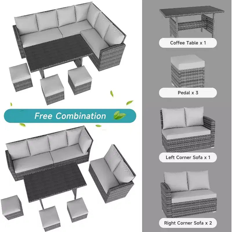 Ensemble de canapés modulaires de patio en rotin PE 9 places avec table de rangement Coussins déperlants Gris pour jardin, terrasse, piscine