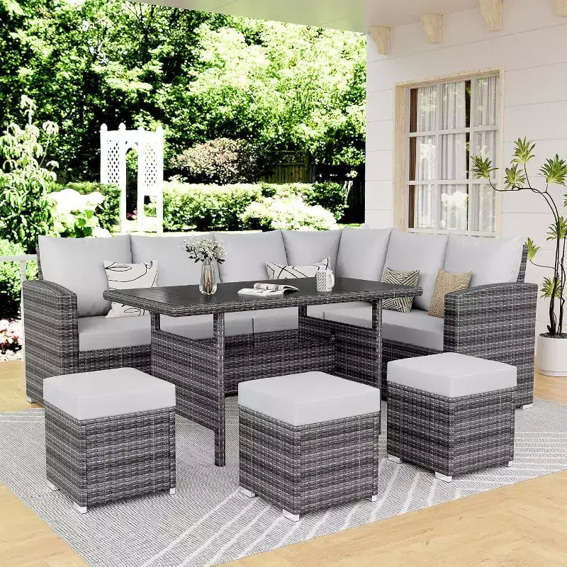 Ensemble de canapés modulaires de patio en rotin PE 9 places avec table de rangement Coussins déperlants Gris pour jardin, terrasse, piscine