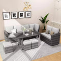 9-Seat PE Rattan Patio Sectional Sofa Set with Storage Table Water-Repellent Cushions Gray for Backyard Deck Poolside