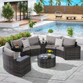 Half-Moon Outdoor Sectional Sofa Set Round Patio Chat Conversation Set Garden Seating Group with Tempered Glass Coffee Table - ModernLuxe