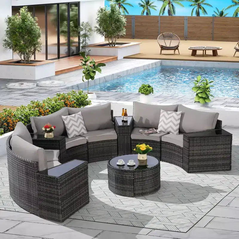 Half-Moon Outdoor Sectional Sofa Set Round Patio Chat Conversation Set Garden Seating Group with Tempered Glass Coffee Table - ModernLuxe