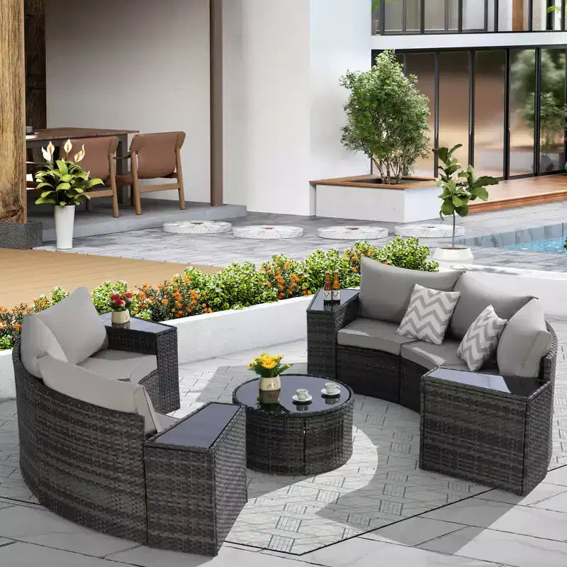 Ensemble de canapé d'extérieur demi-lune, ensemble de conversation de patio rond, groupe de sièges de jardin avec table basse en verre trempé - ModernLuxe