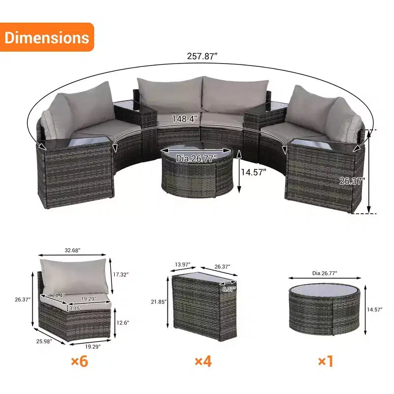 Ensemble de canapé d'extérieur demi-lune, ensemble de conversation de patio rond, groupe de sièges de jardin avec table basse en verre trempé - ModernLuxe