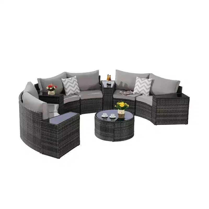 Ensemble de canapé d'extérieur demi-lune, ensemble de conversation de patio rond, groupe de sièges de jardin avec table basse en verre trempé - ModernLuxe
