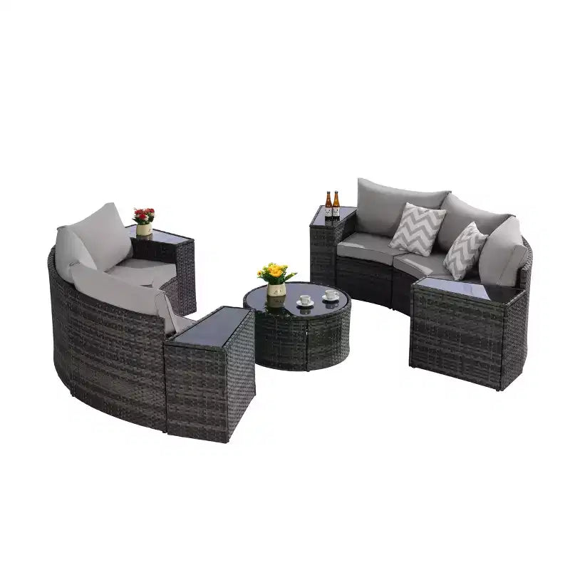 Ensemble de canapé d'extérieur demi-lune, ensemble de conversation de patio rond, groupe de sièges de jardin avec table basse en verre trempé - ModernLuxe