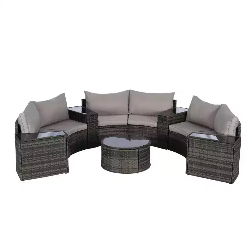 Ensemble de canapé d'extérieur demi-lune, ensemble de conversation de patio rond, groupe de sièges de jardin avec table basse en verre trempé - ModernLuxe