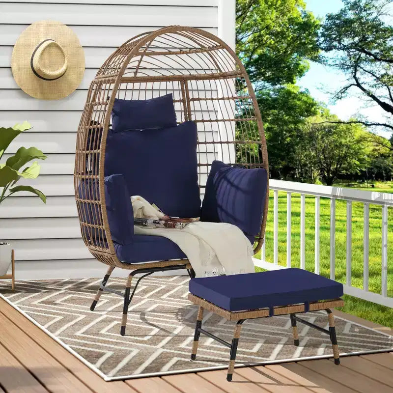 GDFStudio Isaac Fauteuil d'extérieur œuf en osier et métal avec pouf et coussins épais