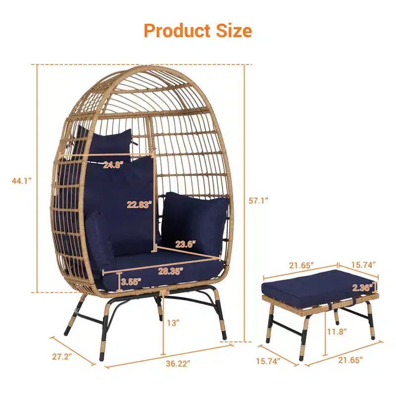 GDFStudio Isaac Fauteuil d'extérieur œuf en osier et métal avec pouf et coussins épais