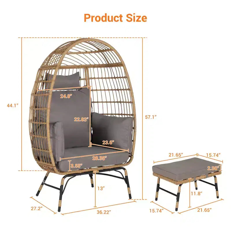 GDFStudio Isaac Fauteuil d'extérieur œuf en osier et métal avec pouf et coussins épais
