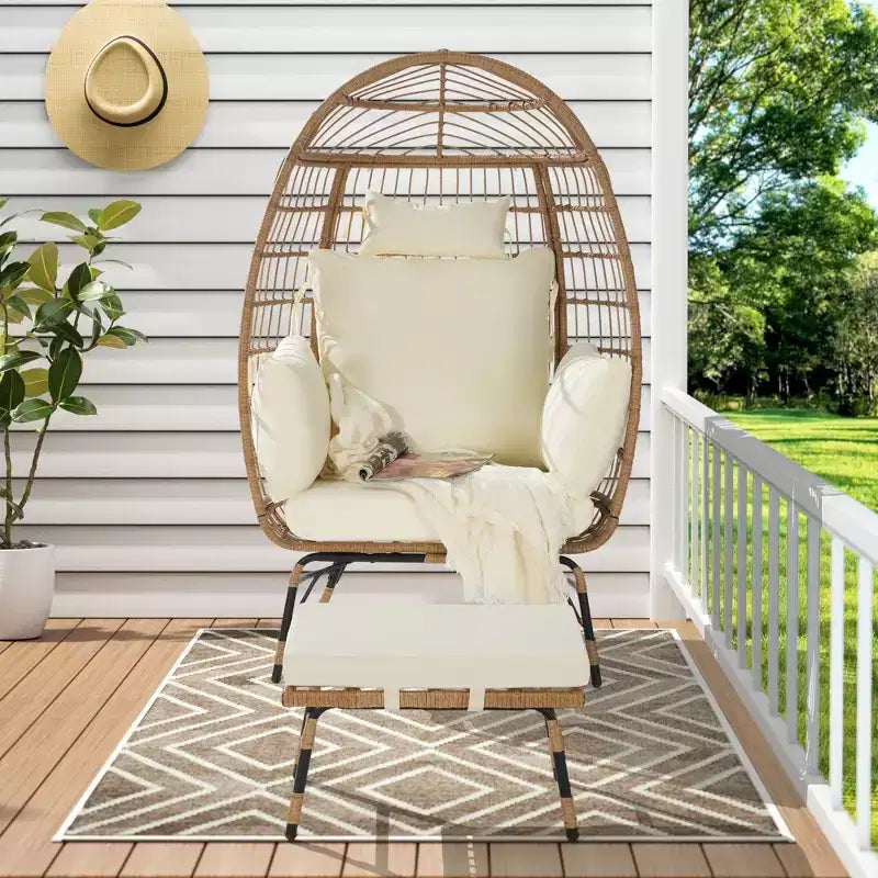 GDFStudio Isaac Fauteuil d'extérieur œuf en osier et métal avec pouf et coussins épais