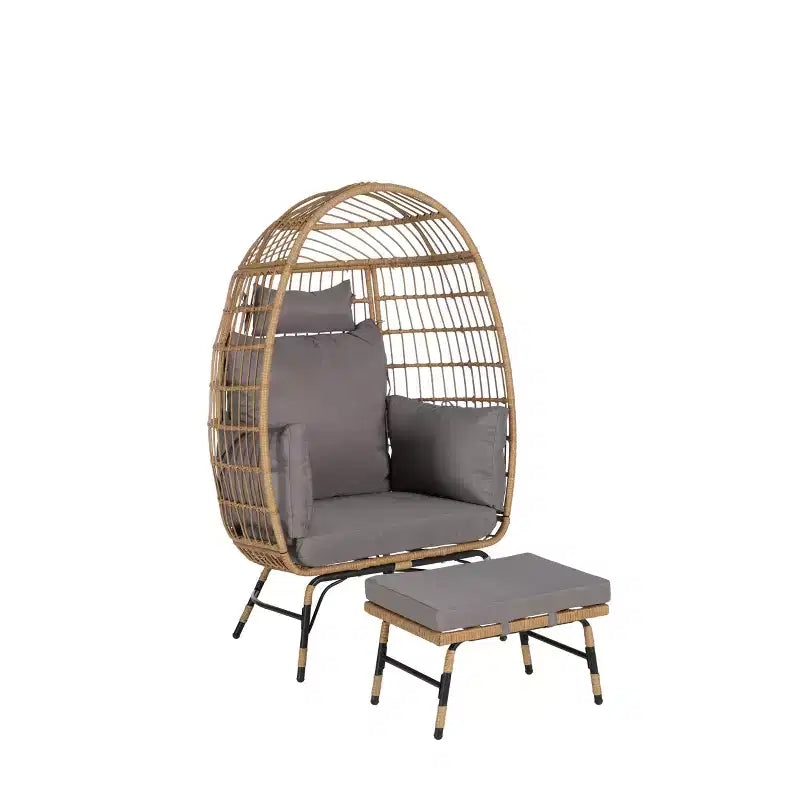 GDFStudio Isaac Fauteuil d'extérieur œuf en osier et métal avec pouf et coussins épais