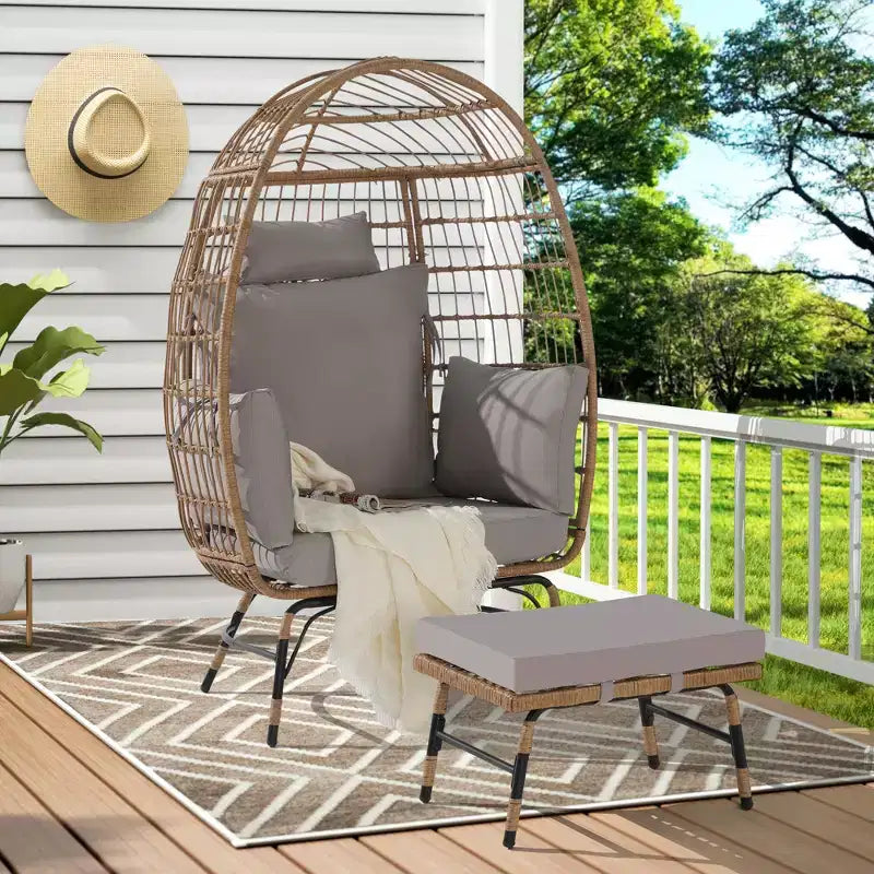GDFStudio Isaac Fauteuil d'extérieur œuf en osier et métal avec pouf et coussins épais