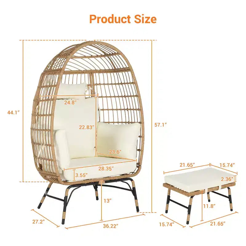 GDFStudio Isaac Fauteuil d'extérieur œuf en osier et métal avec pouf et coussins épais